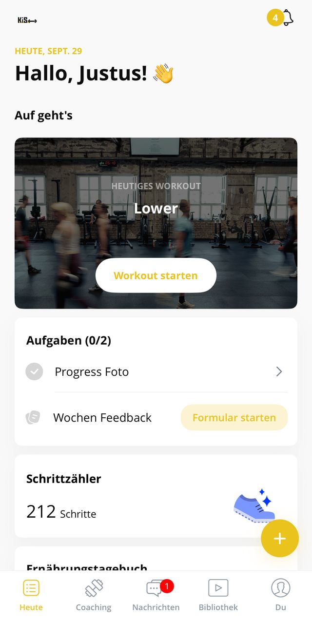 KIS App: Startseite mit heutigem Workout, Aufgaben und Wochen-Feedback