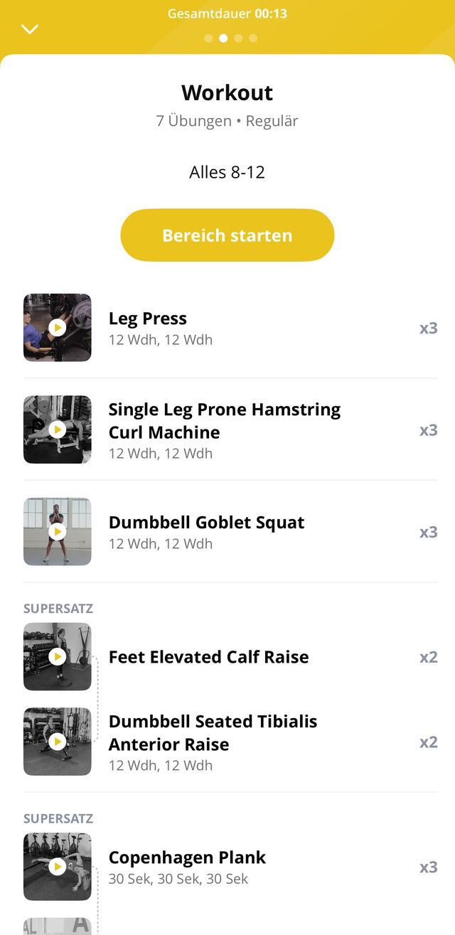 KIS App: Workout-Übersicht mit Übungen, Sätzen und Supersätzen